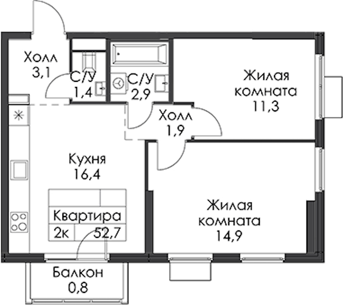 2-комнатная квартира 52.7 м², 21/24 эт., ЖК «Заречный парк»